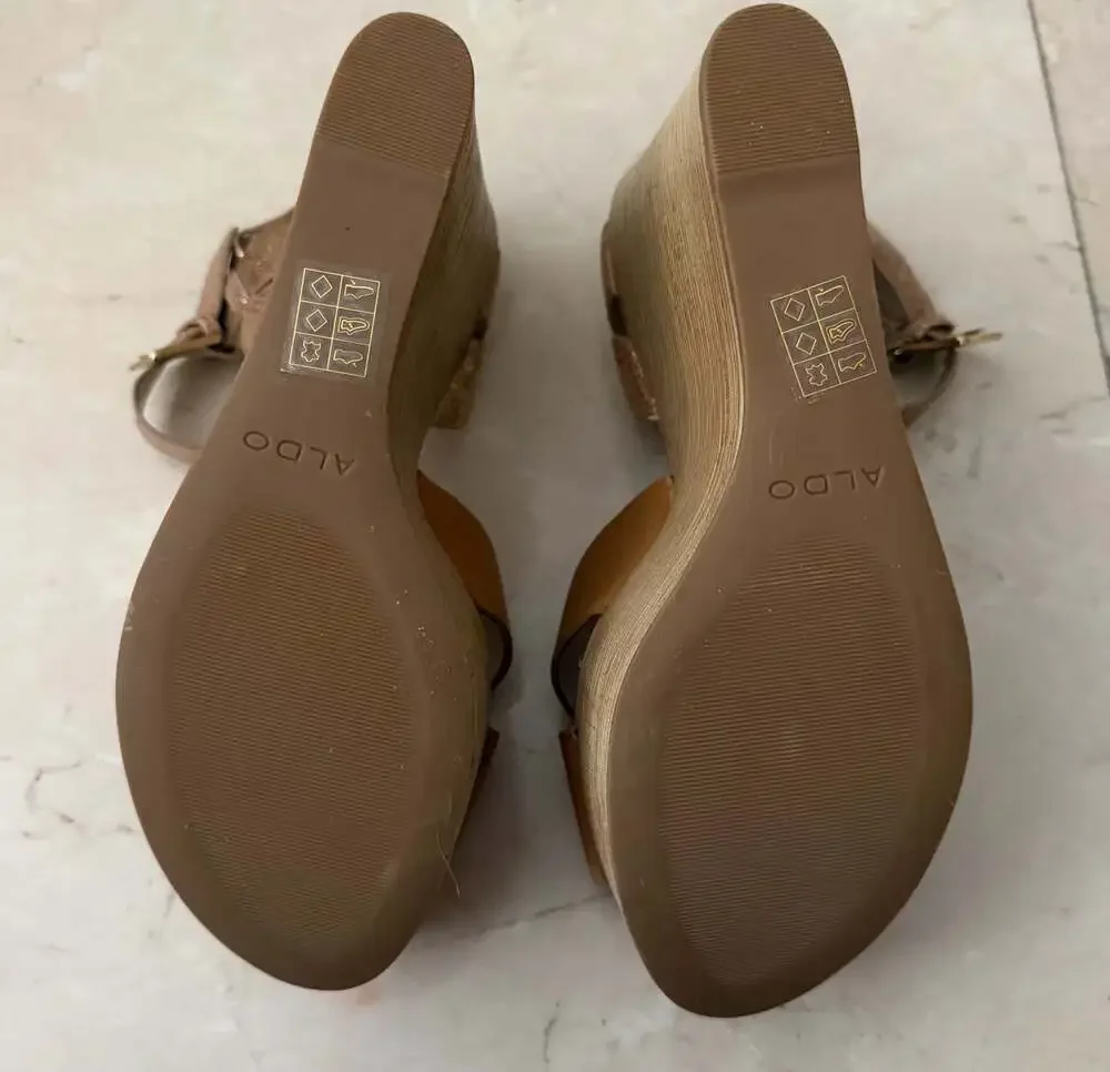 Aldo Regnano Tan and Metallic Cross-Strap Platform Wedge Sandals